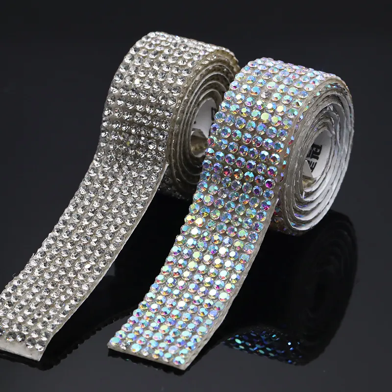 Factory Wholesale Crystal Adhesive Tape 2 5 10 Rows Ab Color Rhinestone Aluminum Mesh Trims Wedding Garment Shoes Dress