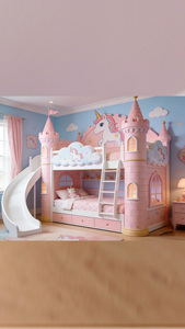 Letto a Castello in Legno a Tema Unicorno per Cameretta Bambine, Letto a Castello Rosa con Scivolo, Letto Madre-Figlia per Alloggi Familiari - Product Image 2