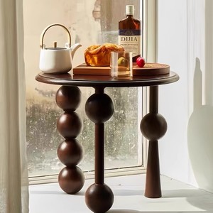 Mesa de centro de madera de nogal de lujo francés, redonda de estilo de mediados de siglo, adecuada para sala de estar, balcón o cabecera - Product Image 1