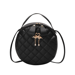 Quilted Round PU Shoulder <b>Bag</b> Women's <b>Crossbody</b> Handbag Zipper Closure Embroidery Pendant Portable Daily Travel - Product Image 1