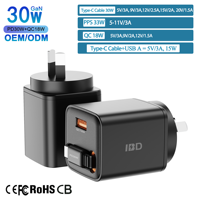 Nouveau Chargeur Mural Rapide IBD en Gros GaN PD 30W avec Câble Rétractable Type C USB A pour iPhone Samsung Android