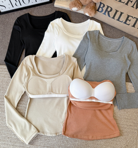 <span class=keywords><strong>Maglietta</strong></span> da donna a maniche lunghe con reggiseno integrato, per primavera e autunno, con imbottitura sul petto, tinta unita, top base per ragazza alla moda - Product Image 6