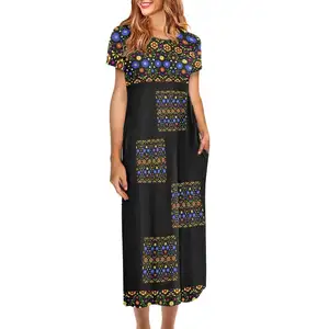 Damen bekleidung Custom ized Mexican Ethnic Tribal Blumen vektor Muster Druck Kleid Rundhals ausschnitt Kurzarm Langes Kleid Großhandel