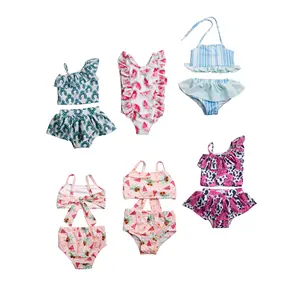 Bañador con estampado de frutas para niñas, traje de baño de dos piezas con lazo, para playa, para verano