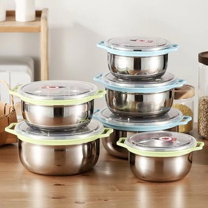 Stainless Steel Food Storage Bowls With Lids Round Clip On Handles Sky Blue And Green Travel Use - Product Image 1