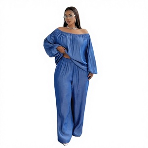 Ensemble deux pièces décontracté pour femme : haut en mousseline à manches longues et pantalon large à la cheville, bleu uni, coupe régulière, respirant, toutes saisons - Product Image 2