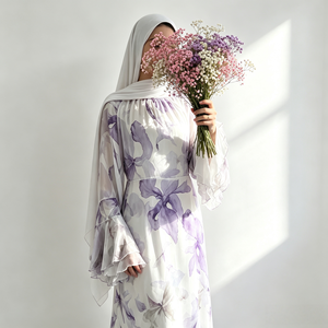 Loriya 2026 Abaya Estiva in Chiffon Floreale a Due Strati con Maniche Svasate, Vestito Lungo Islamico Modesto per Donna, Vendita all'Ingrosso - Product Image 1