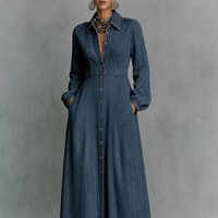 Robes maxi en denim minimalistes à coupe ajustée, manches longues et col à revers, robe cintrée à la taille, coupe évasée pour femmes