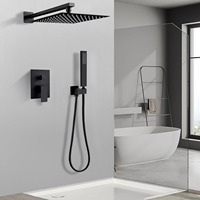 Mitigeur de douche mural encastré en laiton noir contemporain avec douchette à main à jets de pluie doux et de massage pour hôtels