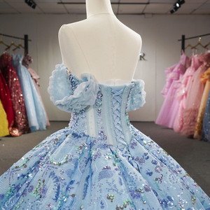 Robe de mariée artisanale Dy6926, luxueuse, à épaules dénudées, ornée de perles et de paillettes, robe de bal bleu ciel, Jancember - Product Image 6