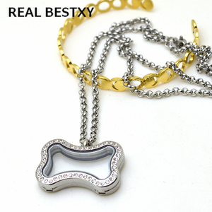 Colgante de acero inoxidable con forma de hueso de perro y cara, medallón flotante de cristal, cadena de serpiente, 316L - Product Image 3
