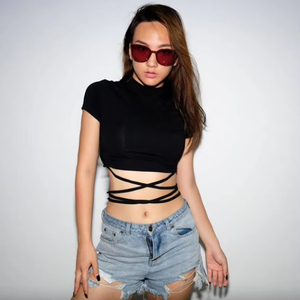 <span class=keywords><strong>Blusa</strong></span> Corta Sexy con Aberturas, Ropa <span class=keywords><strong>de</strong></span> Manga Corta para Mujer, Camiseta con <span class=keywords><strong>Tirantes</strong></span> Cruzados para Mujer - Product Image 1