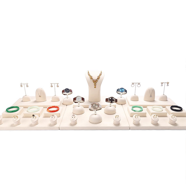 DE LIANG High-end Velvet Beige Customizable Jewelry Display Trays Set with Luxury Design for Necklaces Bracelets Rings