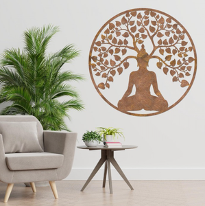 Art mural rustique en forme d'arbre de Bouddha, art du yoga, décoration <span class=keywords><strong>murale</strong></span>, <span class=keywords><strong>sculpture</strong></span> <span class=keywords><strong>murale</strong></span> en métal abstraite représentant une femme avec des <span class=keywords><strong>oiseaux</strong></span> - Product Image 4