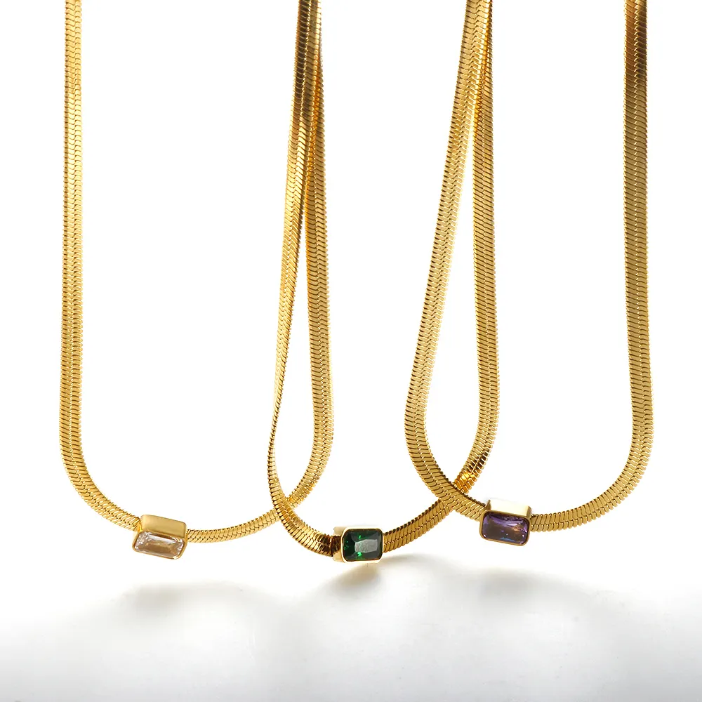 Women Waterproof Jewelry 18K Gold Plated Stainless Steel Herringbone Snake Chain Link Green Emerald CZ Stone Crystal Necklace