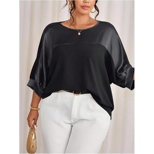 Blusa de Talla Grande para Mujer FOXA, Manga 3/4, Cuello Redondo, Satén de Seda, Manga Murciélago, Diseño Empalmado, Elegante, Casual, para Salir - Product Image 4