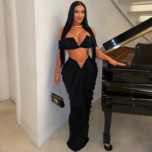 King Mcgreen Star à la mode femmes deux pièces <span class=keywords><strong>jupe</strong></span> ensemble Sexy <span class=keywords><strong>Stretch</strong></span> hors épaule sans manches bustier tubulaire et <span class=keywords><strong>jupe</strong></span> <span class=keywords><strong>longue</strong></span> plissée serrée - Product Image 4