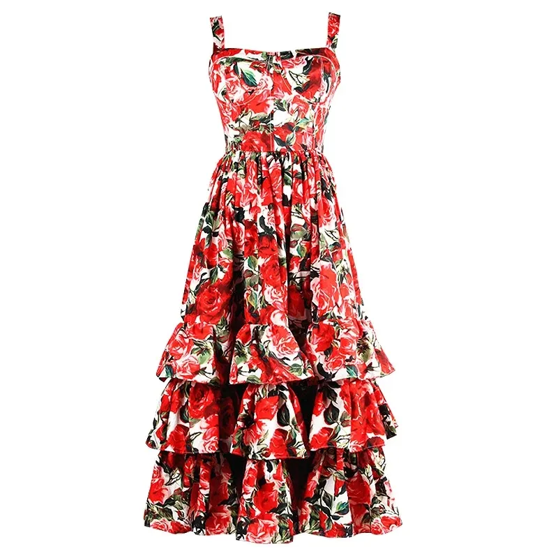 New Summer Luxury Cotton Blend Red Floral Printing Elegant Spaghetti Strap Wholesale Beach Layers Long Ball Gown Dress