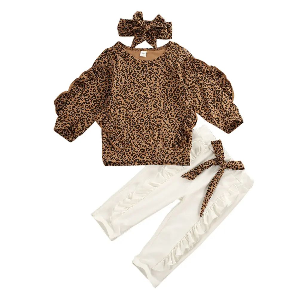 Conjunto roupa infantil para meninas, blusa de manga longa com babado e estampa de leopardo, calças + calça legging + tiara para recém-nascidos, conjunto de roupas de treino, 186