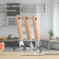3-delige roestvrijstalen watermeloen snijder fruitmes ontpitter - multifunctioneel handmatig keukengereedschap met houten handvat
