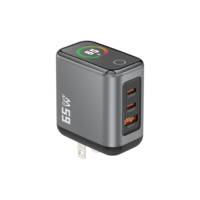 Chargeur mural GaN 65W avec prise US, charge rapide PD, 2 ports Type-C, 1 port USB-A, avec écran numérique intelligent TFT, adaptateur pour téléphone portable, écouteurs