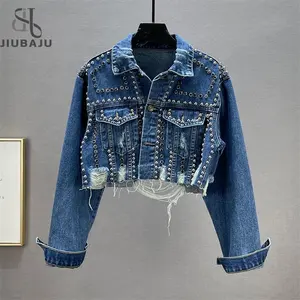 Jaket Denim wanita, mantel pendek longgar wanita jaket Denim paku keling