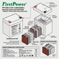 Batería VRLA FirstPower de 12V 4Ah de ciclo largo, a prueba de fugas, sin mantenimiento, para coches de juguete para niños, altavoces portátiles, iluminación y energía de respaldo.