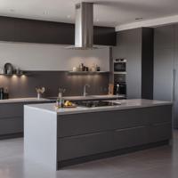 Armoire de cuisine en métal haut de gamme en acier inoxydable 304 avec finition laquée, verre et pierre pour villas et projets commerciaux