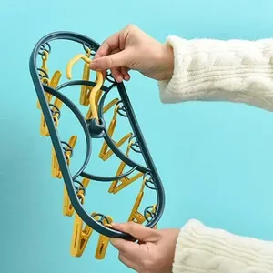 ราวตากผ้าพลาสติก 12 คลิป กันลมอเนกประสงค์ พับได้ สำหรับหอพัก/บ้าน ใช้ตากชุดชั้นใน ถุงเท้า - Product Image 5