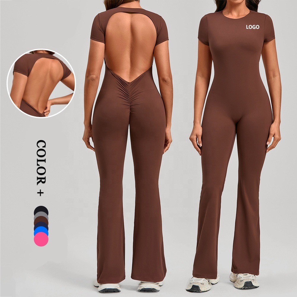 One Piece Sexy Open Back Elastic Flared Straight Leg Women's Gym Fitness Jumpsuit Booty Scrunch Butt Yoga Rompers Body Suit