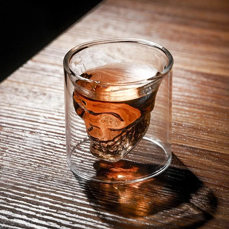 Double-layered Transparent Skull Head Coffee Mug Crystal Glass Cup for Home Bar Club Whiskey Wine Vodka and Beer Wine Glass