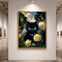 Kit Lukisan Cat Akrilik Berbingkai Motif Kucing Hitam dan Bunga untuk Dewasa Pemula, Dekorasi Dinding 40x50cm