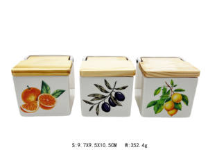 Azucarero de Porcelana con Tapa de Bambú, Caja de Almacenamiento Ecológica y Duradera para Cocina, Diseño Limón, Naranja y Oliva - Product Image 4