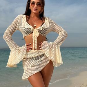 Conjunto de bikini de 4 piezas para mujer con volantes, top halter acanalado, braga triangular con lazo lateral, de Spandex/Nylon, de secado rápido, transpirable, y falda kimono de playa. - Product Image 1