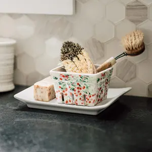 Bauernhaus Keramik Obstkorb Sieb Kawaii Küche Bowlpink weiß und schöne Erdbeer muster Keramik Ernte quadratische Schüssel