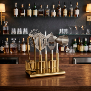 Ensemble d'outils de bar fonctionnels en acier inoxydable avec support, accessoires professionnels pour la préparation de cocktails, durables, essentiels pour le bar à domicile - Product Image 1