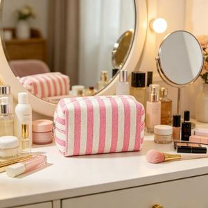Custom Octagonal Canvas Cosmetic <b>Bag</b> Striped <b>Large</b> Capacity Toiletry Pouch for Travel Bathroom Storage Wholesale - Product Image 4