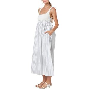 Vestido Midi Casual de Verano con Tirantes, Rayas y Busto Fruncido, de Algodón y Lino, Corte A - Product Image 2