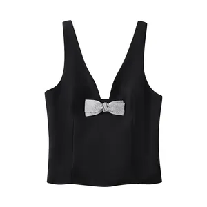Bow tie with beading black color shoulder st rap casual fashion tank top for women