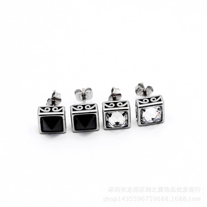 yunnique Cube <b>Stud</b> <b>Earrings</b> <b>Black</b> White Geometric Titanium Steel Bezel Setting Fashion Jewelry For Men Women - Product Image 3