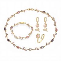 Ensemble de bijoux vintage en cuivre pour femmes, cristal, strass, plaqué or, design de fleur de tulipe, collier/boucles d'oreilles/bague/bracelet