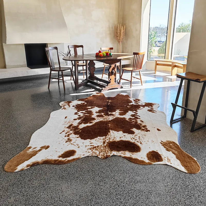 Durable and Large Size Cow Print Rugs  Suitable for Bedroom Living Room Western Decor  Faux Fur Animal Cow Hide Carpet  Brown