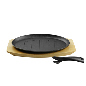 Placa de chisporroteo ovalada de hierro fundido de diseño moderno con base de madera Grill Steak Pan <span class=keywords><strong>Wok</strong></span> Pan - Product Image 2