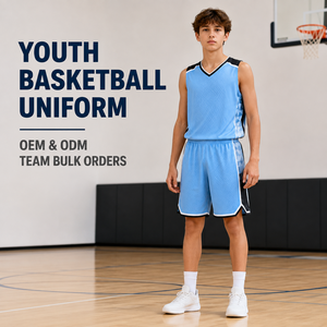 Custom gemaakte jeugdbasketbaluniform, V-hals jacquard mesh sleeveless jersey shorts set voor junioren basketbalcompetities - Product Image 1