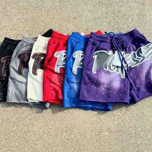 Men's <strong>Distressed</strong> Streetwear Sweat Shorts Sun Faded Acid Washed Cotton French Terry Rhinestone Screen Puff Print Design Shorts