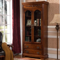 Bibliothèque d'angle en bois massif de style américain antique MINIS avec double porte vitrée pour bureau à domicile, sans assemblage