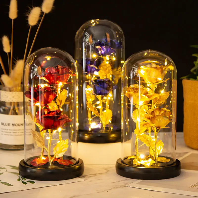 Regalo creativo de Navidad para el día de San Valentín, flor eterna, luz de noche LED, venta al por mayor, 3 cabezas, rosa dorada en cúpula de cristal