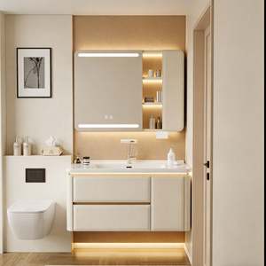 Ensemble de meuble-lavabo de salle de bain BALOM, style moderne minimaliste, en MDF, matériau imperméable, meuble-lavabo mural avec miroir LED pour appartement - Product Image 2