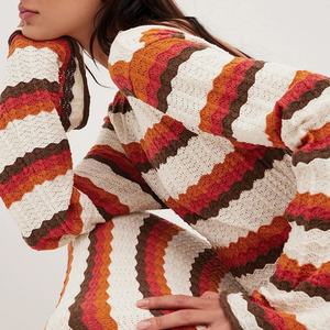 Nouvelle Robe Femme en Coton Rayée à Manches Lanternes et Col Rond Volanté, Dos Nu, Tricot Ondulé, Tendance Mode - Product Image 6