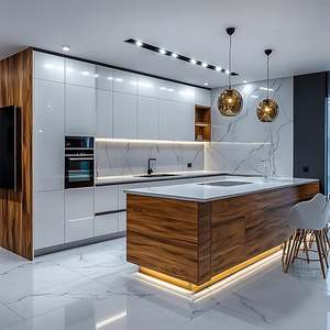 Juego de Muebles de Cocina RTA de Lujo, Personalizados, con Acabado Mate PET, Isla de Cocina, Acero Inoxidable y Granito para Apartamentos - Product Image 1